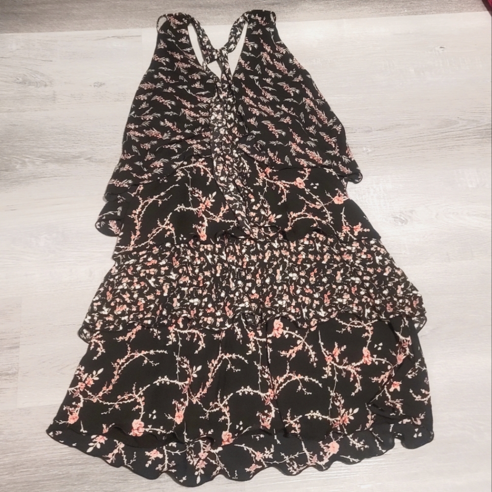 Black and Pink Sleeveless Tirrd Floral Print Mini Dress with Tied Back Neck
